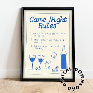 Retro Wall Art, Game Night Rules Doodle Print, Crayon Sketch Print, Digital Download, Alcohol Doodle Print, Summer Print, Dorm Wall Art.