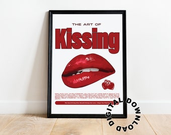 The Art of Kissing Digital Print, Vintage Magazine Cover Print, Digital Download, Lips Wall Art, Retro Digital Art
