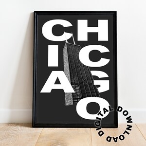 Chicago Print, Chicago Modern Print, Chicago Building, Grey Wall Art, Neutral City Wall Art, Digital Download, Chicago Retro Wall Art