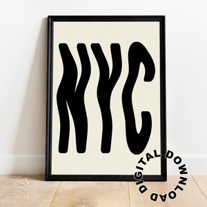 NYC Print, New York City Wavy Print, NYC Wavy Letters, Beige Wall Art, Neutral City Wall Art, Digital Download, New York City Retro Wall Art