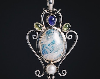 Stunning Large Vintage Amethyst, Moonstone, Peridot & Pearl Sterling Silver Pendant