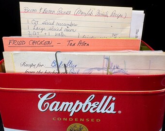 Vintage Recipe box filled to the top with handwritten recipes