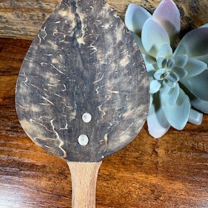 May include: A wooden spoon with a dark, patterned scoop and a light brown handle. Two small, silver-colored rivets secure the scoop to the handle. The spoon is set against a wooden background with a decorative succulent.