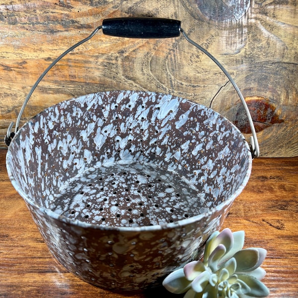 Vintage Rustic brown and white splatter enamelware colander