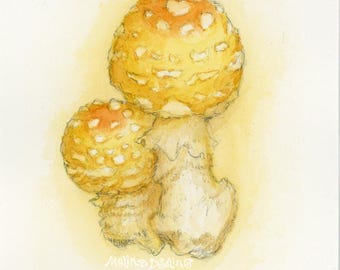 Yellow Fly Agaric | ORIGINAL PAINTING | Ooak Watercolor Mushroom Art |