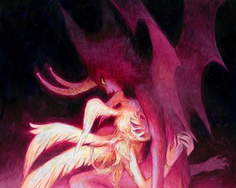Demon Moon art print | fantasy painting | demon and angel art | devil | occult | 11x17 |