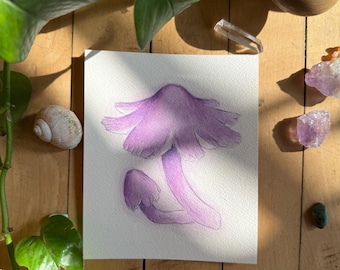 Mauve Splitting Waxcap | ORIGINAL PAINTING | Ooak Watercolor Mushroom Art |