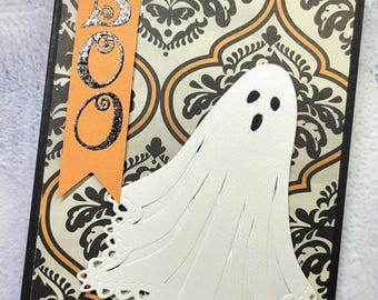 Stampin Up Ghost Halloween BOO Card Kit Pearl Black Sparkle Embossed Rhinestone Card Kit Hand Stamped DIY