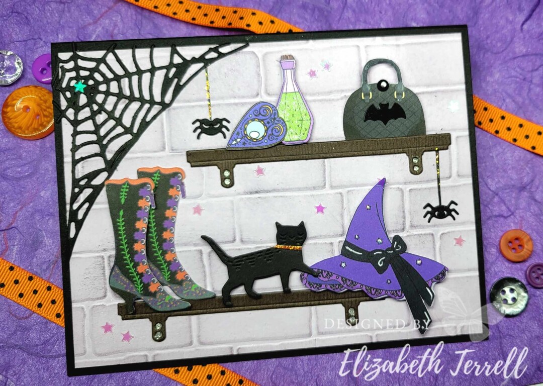 ハロウィーンカッティングダイ　##1043 Halloween Tim Holtz Stampin up Witch CARD Hat Shelf Boots Bat