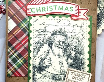 VINTAGE Christmas Stampin Up Card Kit 3 Postage Stamp St. Nick Plaid Shimmer Hand Stamped DIY Papyrus