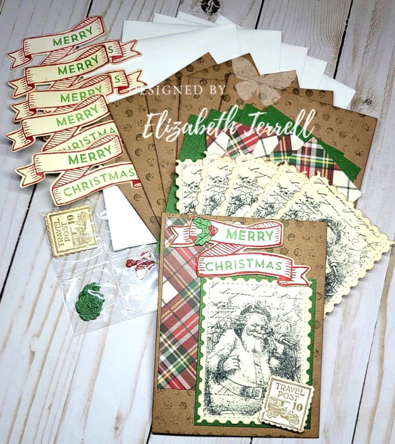 VINTAGE Christmas Stampin up Card Kit 3 Postage Stamp St. Nick Plaid