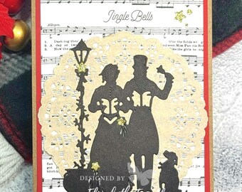 Christmas CARD Vintage Carolers Holiday Music Embossed Doily Hand Stamped Bespoke Papyrus Animal Kitten Rescue