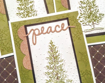 4  Stampin Up Card Kit Lovely As A Tree Christmas Peace Holiday Pine Champagne Embossed handmade Card Kit Hand Stamped DIY