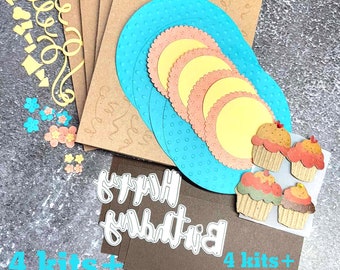 4 Birthday Die Cut Cupcake Card Kit Stampin Up Embossed Male Female Hand Stamped DIY Quick Easy Animal Kitten Rescue