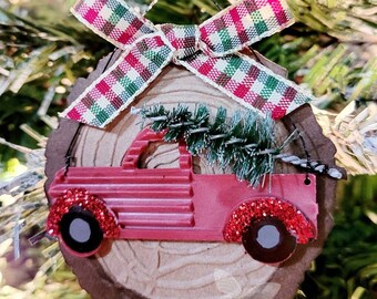 4 Farmhouse Vintage Red Truck Christmas Ornament Bottle Brush Tree Wood chipboard accent Plaid ribbon Handmade  Hand Made