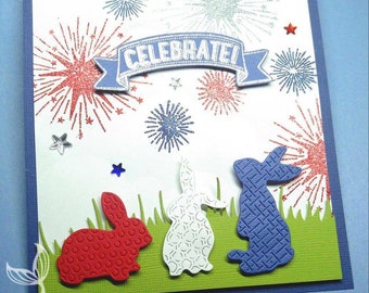 Stampin' Up Card Patriotic Bunny Fireworks 4th July Bunnies Embossed USA Handmade Card Hand Stamped DIY Grass Sponged Sky Starts