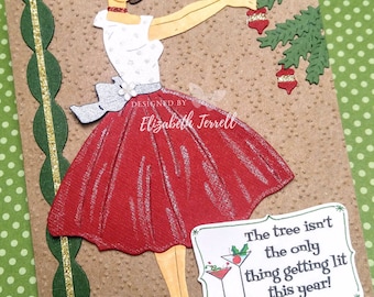 3 Stampin Up Card Kit Retro Vintage Lady Trim the Tree Christmas Holiday Get Lit Funny Humor Embossed handmade Card Kit Hand Stamped DIY