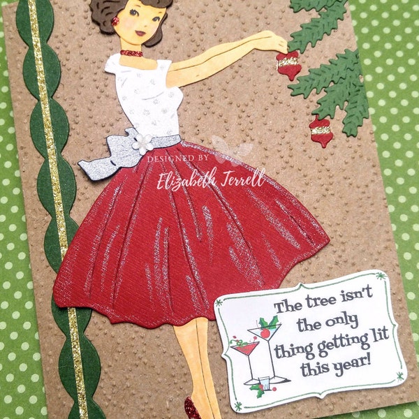 3 Stampin Up Card Kit Retro Vintage Lady Trim the Tree Christmas Holiday Get Lit Funny Humor Embossed handmade Card Kit Hand Stamped DIY