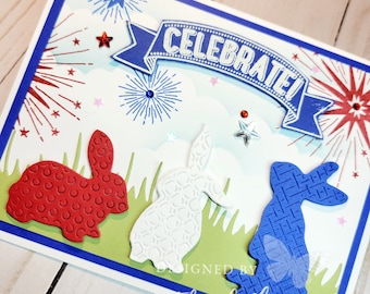Stampin Up 4th July Patriotic Bunny Fireworks Bunnies 4x card kit Embossed USA Handmade Card Kit Hand Stamped DIY Grass Sponged Sky