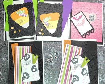 5 Stampin Up Card Kit Happy HALLOWEEN Kids Adults Cute Candy Bat Skull BOO Candy Corn Hand Stamped Pink Heart Halloween Greeting Card Kits