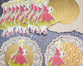 9 Retro Vintage Ladies Gold shimmer Christmas for DIY Greeting Card Kit Embellishments Stampin Up Embossed handmade, Holiday supplies