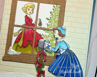 Stampin Up Card Kit Retro Vintage Lady "Christmas In The Making" Holiday "Lovely As a Tree" Window scene brick handmade Hand Stamped DIY