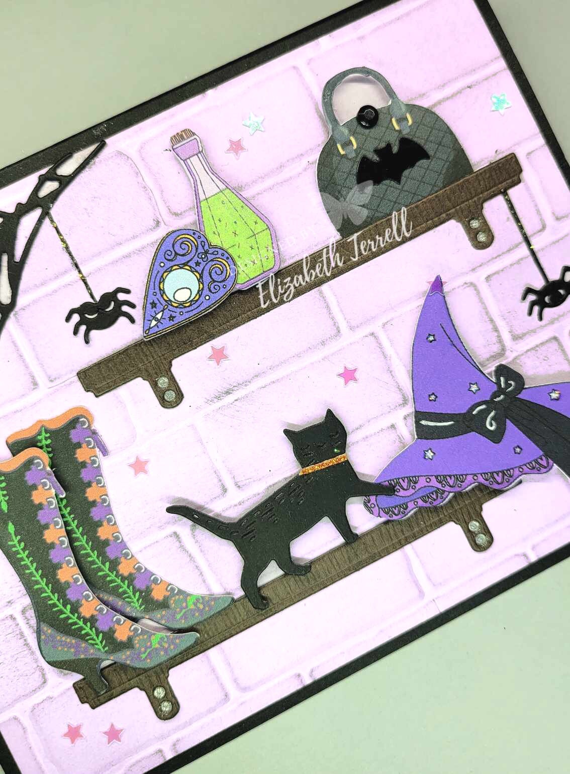 Halloween Tim Holtz Stampin up Witch CARD Hat Shelf Boots Bat