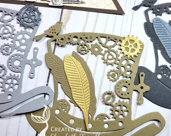 Steampunk Stampin Up Guy Greetings Vintage Car Classic Hat Feather Gears Birthday Cogs Card Topper Embellishments Banner Masculine Die Cut