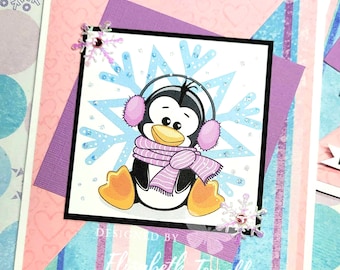 6 Stampin Up Card Kit Penguin Friends Snowflake Christmas Heart Pink Purple Holiday handmade Card Kit Hand Stamped DIY