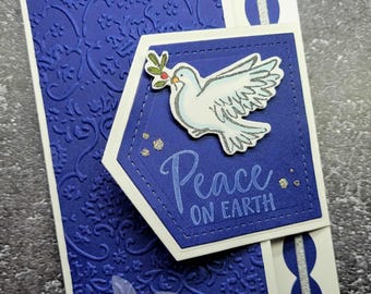 Stampin Up Card kit Christmas Dove Peace On Earth Religious Elegant Navy Fancy Fold Hand Stamped Embossed DIY Kraft Ink White Animal Rescue