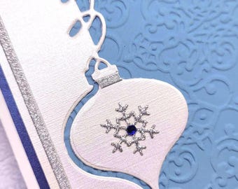 Stampin Up Christmas Card Kit Elegant Ornament Die Peace Joy Love Navy Shimmer Pearl Thinlits Hand Stamped Embossed DIY Animal Kitten Rescue