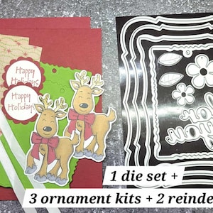 May include: A set of Christmas crafting supplies including two reindeer kits, three ornament kits, and a die set with a frame and the word "for you".