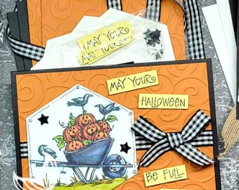 HALLOWEEN Stampin Up Card Kit Cute Pumpkin Wheelbarrow Stamped DIY Pink Heart Halloween Greeting Card Card Kits Pumpkin Patch Child
