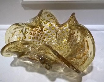 Murano Venetian Art Glass Bowl - Gold Leaf Inserts - Italy
