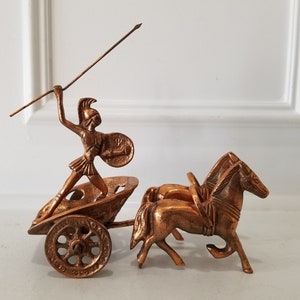 Antique Bronze Roman Chariot, Warrior & Horses Cart - Moving Wheels Cart