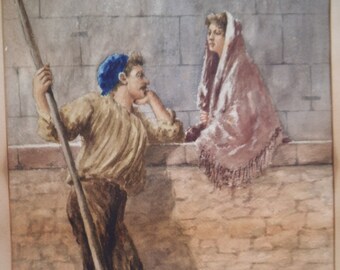 Rotta - Original Old Watercolor - Italian Lovers from Venice Scene - Signed by The Artist