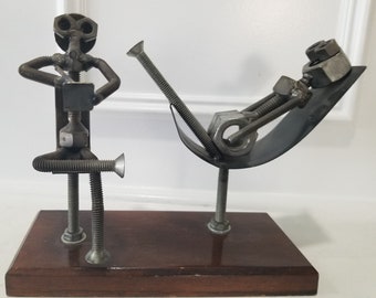 Nuts and Bolts Sculpture - Vintage Industrial Art - Handmade Figurine - Steampunk Home Decor