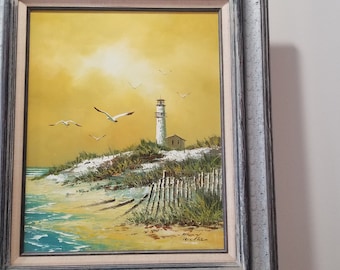 Original Oil On Canvas Beautiful Seashore And Lighthouse - Framed Painting - Signed By Artist Mucha