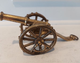 Cannon Vintage Brass Desktop Cannon Made In England NM  Moving Wheels Removable Barrel 