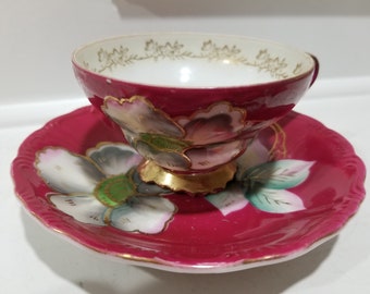 Trimont China - Hand Painted Japan Teacup and Saucer -  Design with Gold Accents - Collectible Teacup and Saucer