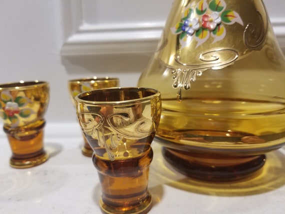 Venetian Murano Liquor Set Decanter and 6 Glasses - Enamel and