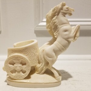 Antique Ivory Stone Roman Chariot - Horses Cart Sculpture - Made in Italy
