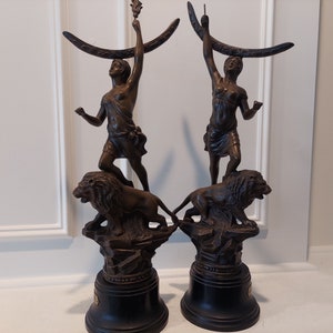 Collectible Metal Sculptures &quot;La Force&quot; and &quot;Le Pouvoir&quot; - French Art Deco Sculptures - 19 Inches High - Set of 2