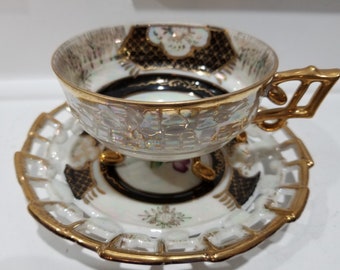 O. T. K. China - Made in Japan - Hand Painted Teacup and Saucer -  Design with Gold Accents - Collectible Teacup and Saucer