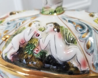 Antique Capodimonte Porcelain Hand Painted Bowl With Lid - Gold