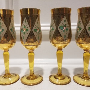 Venetian Murano Liquor Glasses - Enamel And Gold - Flower Design - Hand Painted - Set Of 4