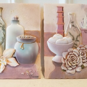 Durham Artist - Floral Textured in Relief Ceramic Tiles - Flower Wall Plaques - set of 2