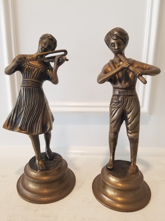 Antique Pair of Brass Sculptures 9 3/4 Inches High Brass Musicians Figurine  