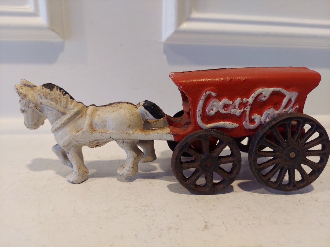 Cast Iron Horse Drawn Coca Cola Delivery Cart Wagon Old Cast Iron Toy
