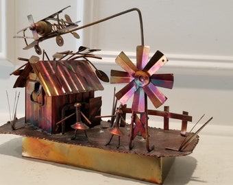 Vintage Steam Punk Art - Copper/Tin Music Box House-Mill-Plane - Made in Hong Kong